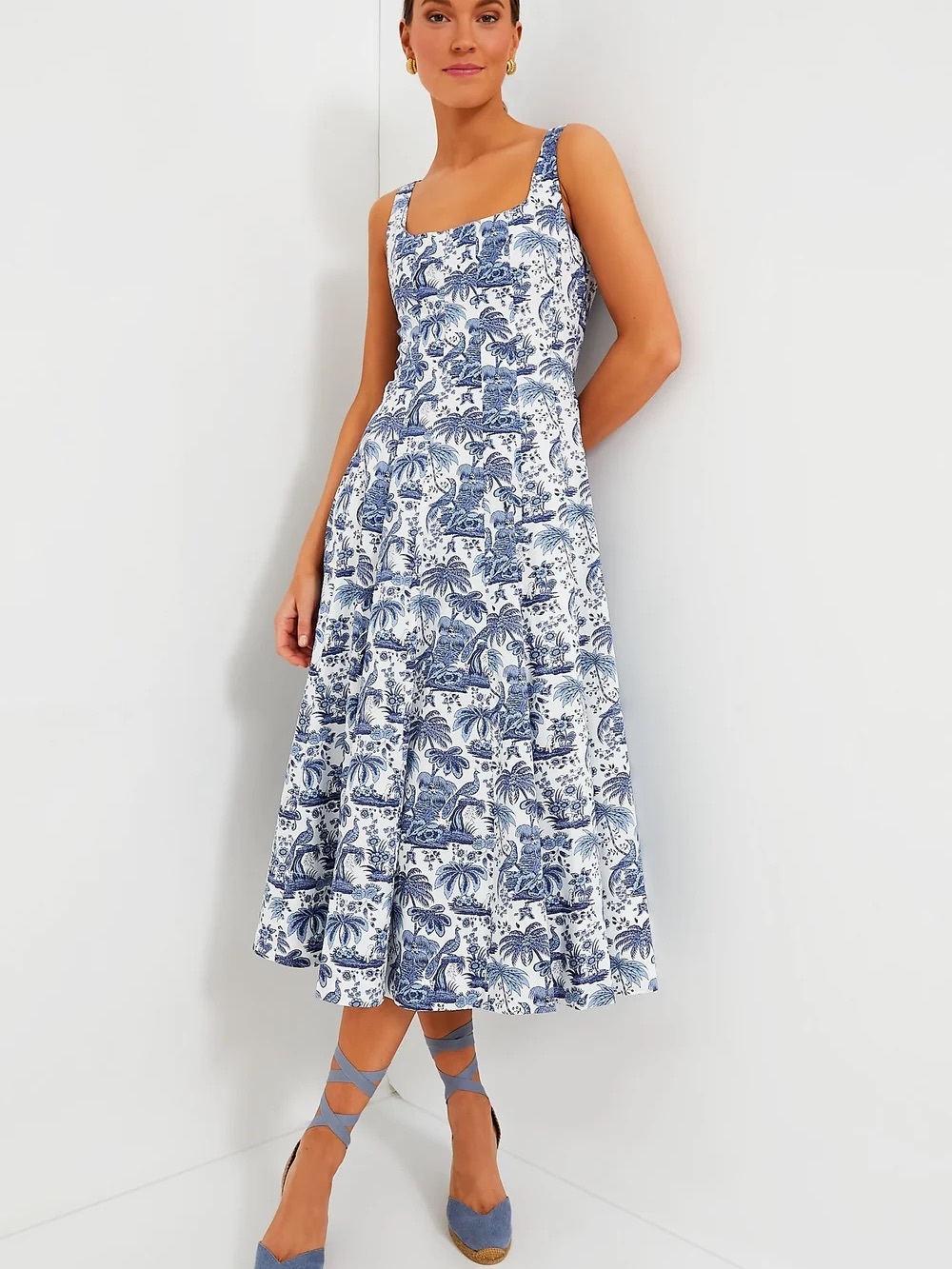 STAUD Blue and White Toile Wells Midi Dress